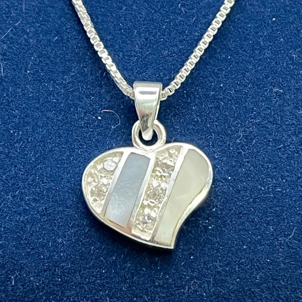 Contemporary Sterling Silver Gray and Blue Heart Necklace with Crystals